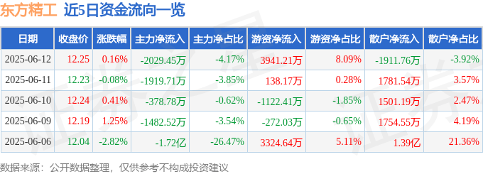 股票行情快报：东方精工（002611）6月12日主力资金净卖出2029.45万元