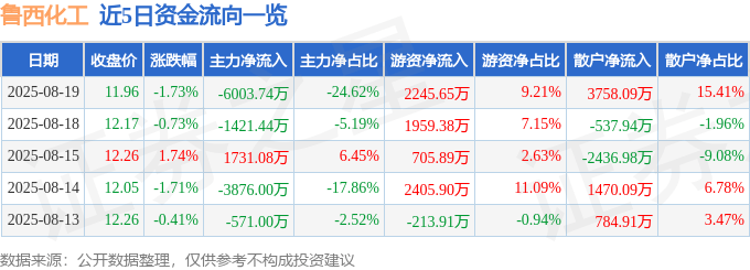 股票行情快报：鲁西化工（000830）8月19日主力资金净卖出6003.74万元