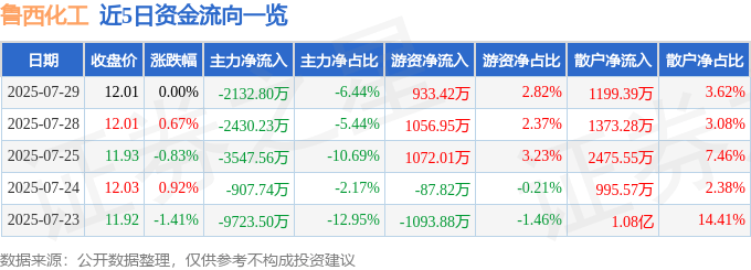 股票行情快报：鲁西化工（000830）7月29日主力资金净卖出2132.80万元