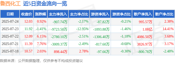 股票行情快报：鲁西化工（000830）7月24日主力资金净卖出907.74万元