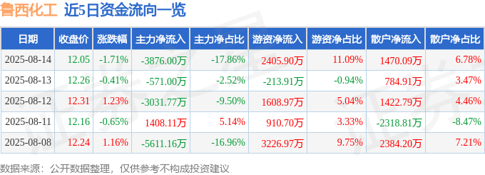 股票行情快报：鲁西化工（000830）8月14日主力资金净卖出3876.00万元