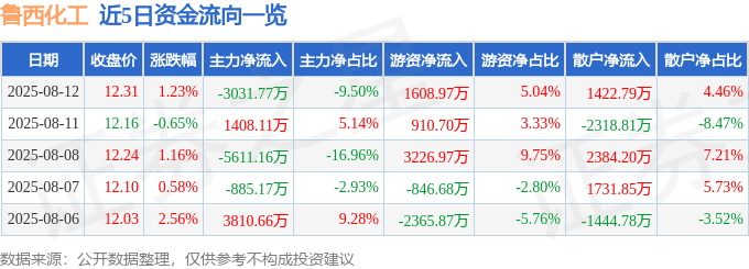 股票行情快报：鲁西化工（000830）8月12日主力资金净卖出3031.77万元