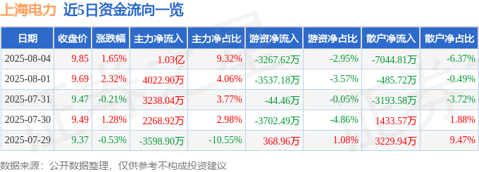 股票行情快报：上海电力（600021）8月4日主力资金净买入1.03亿元