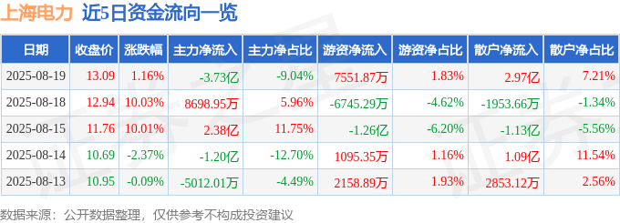 股票行情快报：上海电力（600021）8月19日主力资金净卖出3.73亿元