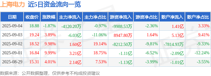 股票行情快报：上海电力（600021）9月4日主力资金净卖出4120.20万元