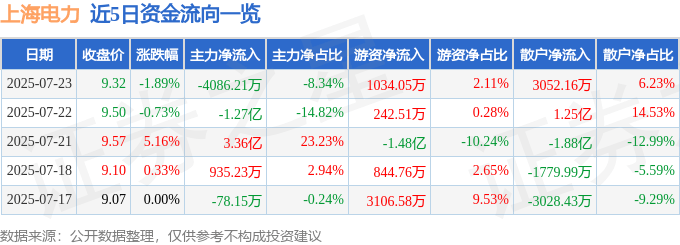 股票行情快报:上海电力(600021)7月23日主力资金净卖出4086.21万元