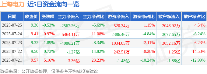 股票行情快报：上海电力（600021）7月25日主力资金净卖出2567.26万元