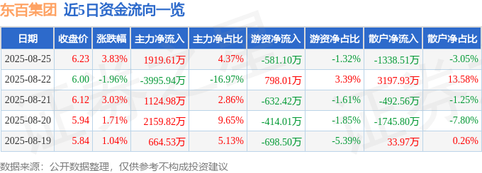 东百集团（600693）8月25日主力资金净买入1919.61万元