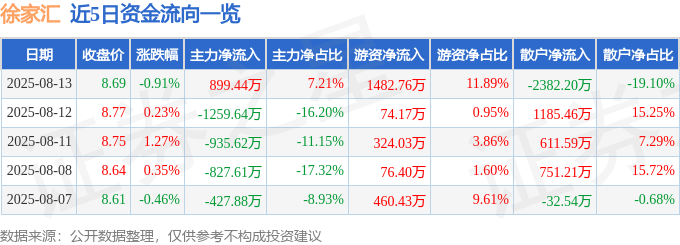 股票行情快报：徐家汇（002561）8月13日主力资金净买入899.44万元