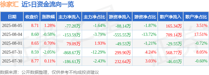 股票行情快报：徐家汇（002561）8月5日主力资金净卖出77.20万元