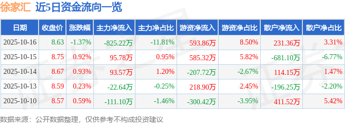 股票行情快报：徐家汇（002561）10月16日主力资金净卖出825.22万元