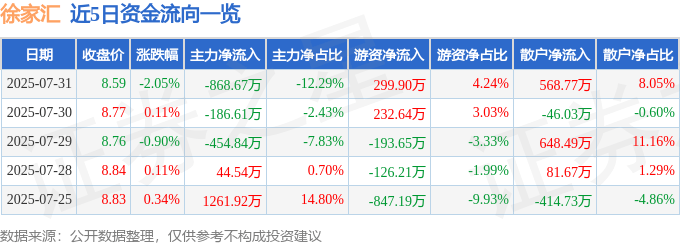 股票行情快报：徐家汇（002561）7月31日主力资金净卖出868.67万元