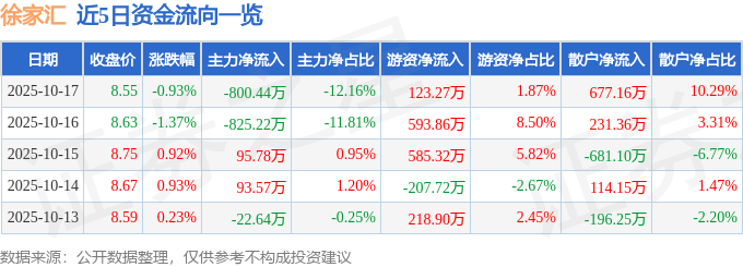 股票行情快报：徐家汇（002561）10月17日主力资金净卖出800.44万元