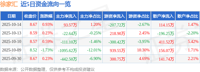 股票行情快报：徐家汇（002561）10月14日主力资金净买入93.57万元