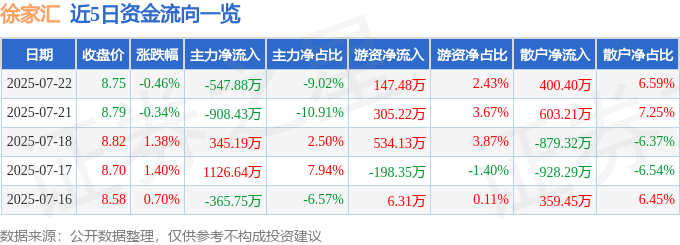 股票行情快报：徐家汇（002561）7月22日主力资金净卖出547.88万元