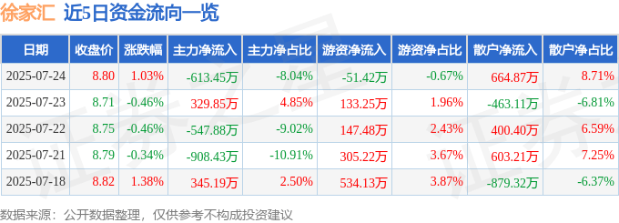 股票行情快报：徐家汇（002561）7月24日主力资金净卖出613.45万元