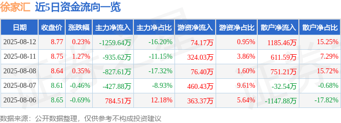股票行情快报：徐家汇（002561）8月12日主力资金净卖出1259.64万元