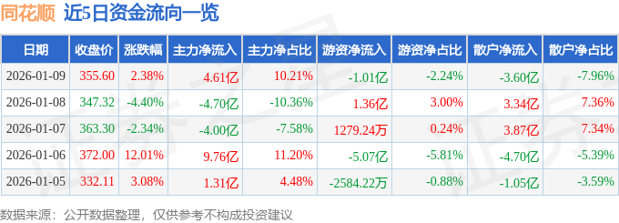 股票行情快报：同花顺（300033）1月9日主力资金净买入4.61亿元